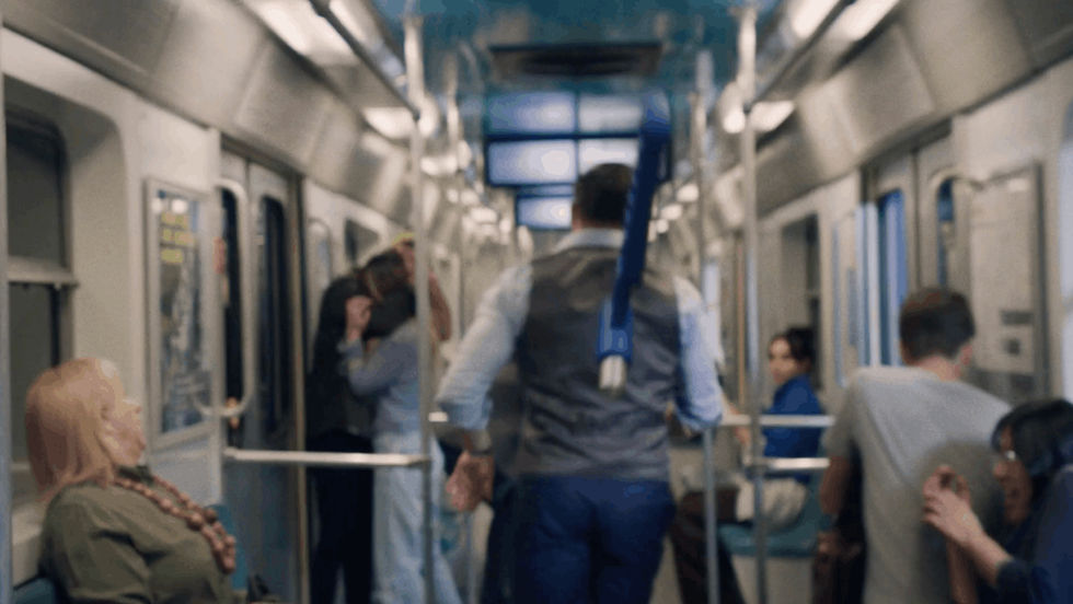 Ninja fight in subway full of people set design for O2 Commercial filmed in Mexico City.
