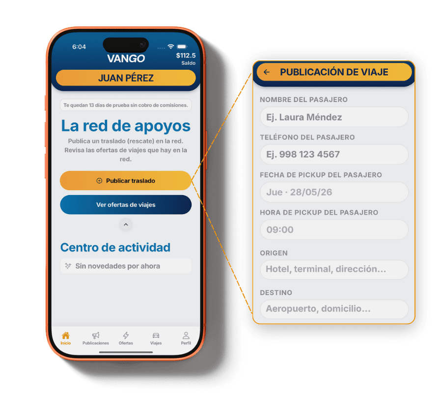 Interfaz de VANGO mostrando el centro de actividad y el formulario para publicar un viaje dentro de la red de operadores.