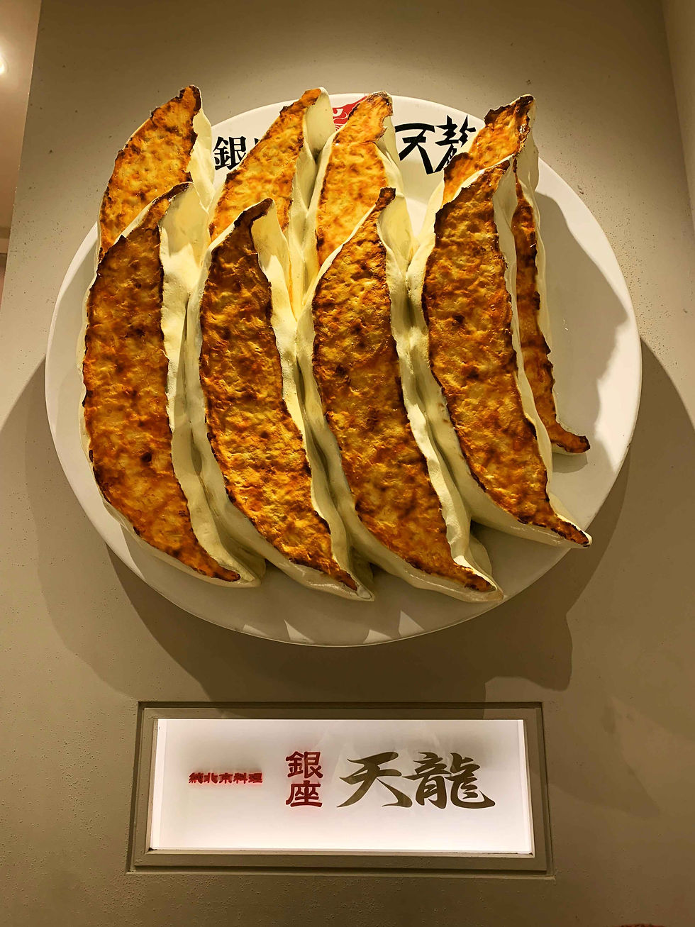 Large gyoza replicas (gyoza is an Asian dumpling) are displayed on a plate against a beige wall with Japanese text beneath them.
