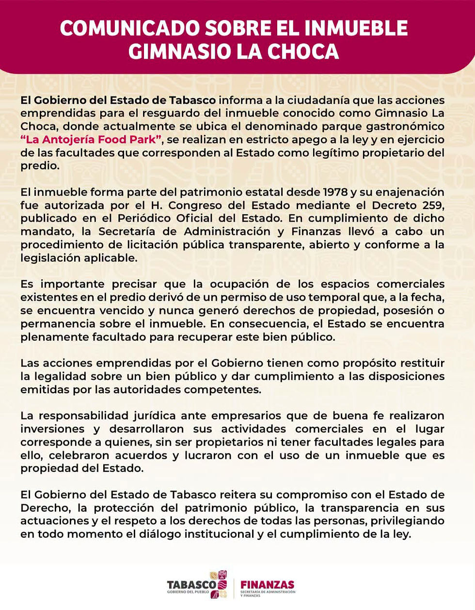 Comunicado oficial del Gobierno de Tabasco del 11 de julio de 2026 sobre el inmueble Gimnasio La Choca y el parque gastronómico La Antojería Food Park. Análisis de Revista Espejos by Gigi Salazar