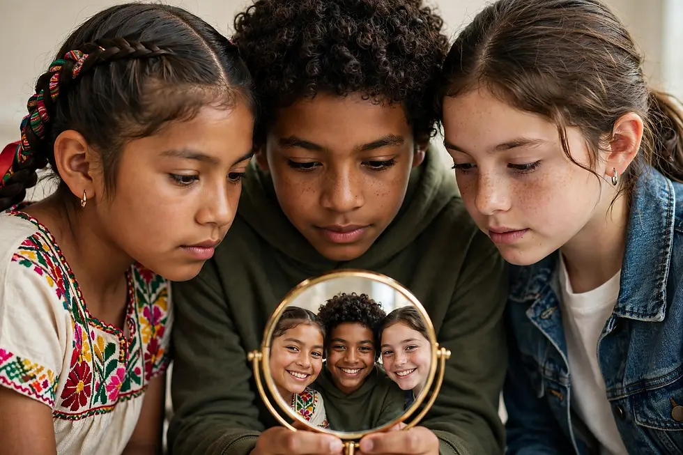 tres niños mirando su reflejo sonriente en un espejito dorado, concepto de autoestima y bullying infantil - Revista Espejos