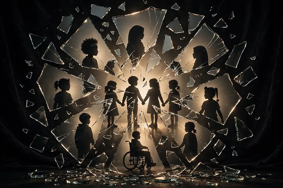 siluetas de niños diversos unidos frente a un espejo roto con luz al centro, concepto artistico sobre el impacto del bullying y la importancia de la comunidad y la empatia, Revista Espejos
