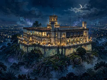Castillo de Chapultepec iluminado de noche en la Ciudad de México, vista aérea entre árboles