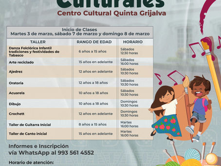 Abre Cultura talleres gratuitos en el Centro Cultural Quinta Grijalva.