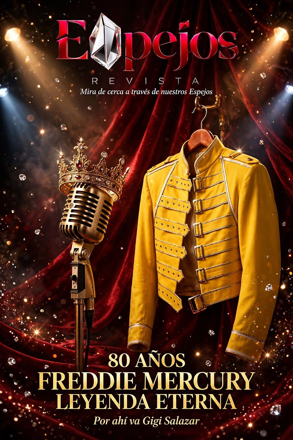 Microfono dorado con corona real y chaqueta amarilla militar de Freddie Mercury colgada en perchero, portada edicion de lujo Revista Espejos 80 anos Freddie Mercury 5 septiembre 2026