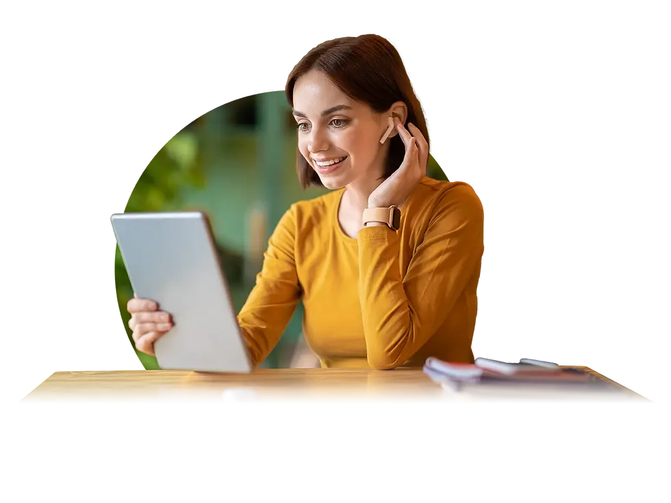 woman with tablet satisfied with support