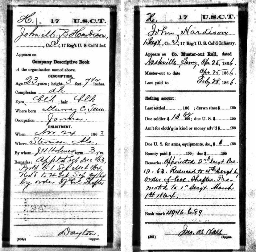 Two documents from Hardison's USCT service record
