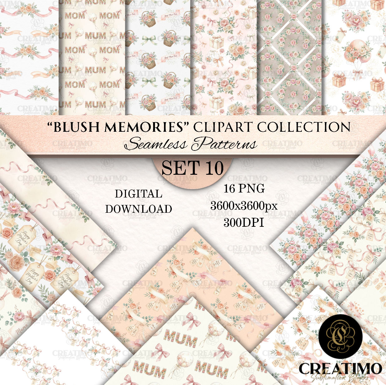 Digital Design SET 10 Seamless Patterns BLUSH MEMORIES Clipart Col