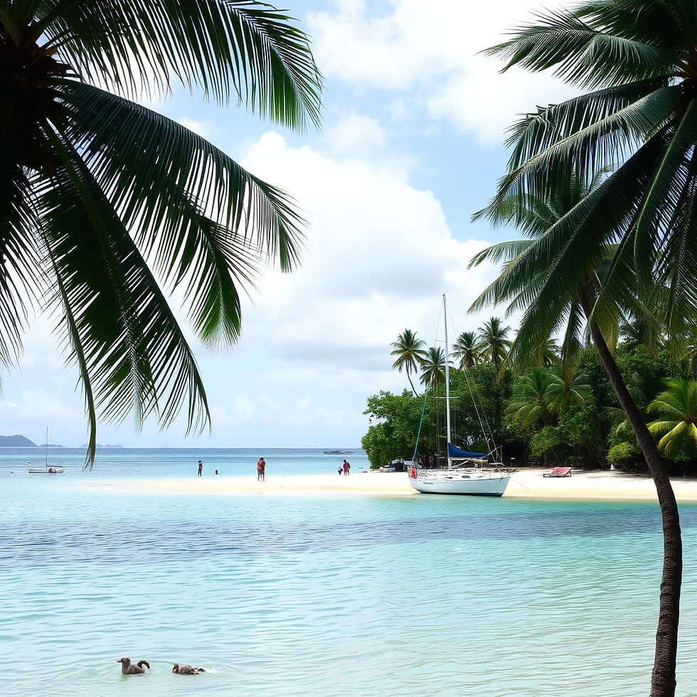 palm trees and people on beach in Caribbean island