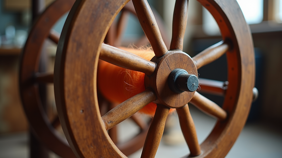 Eye-level view of a wooden spinning wheel with colorful fiber ready to be spun