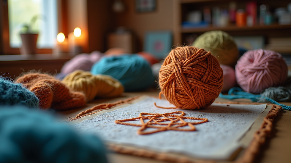 Eye-level view of a cozy crafting nook with yarn and patterns