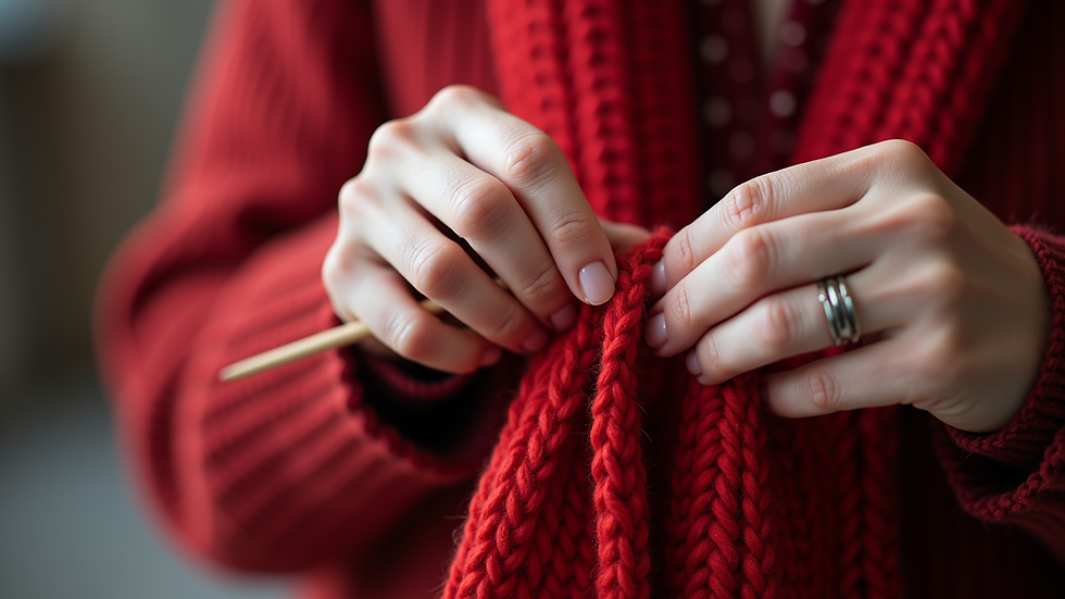Close-up view of hands knitting a red scarf with intricate stitches