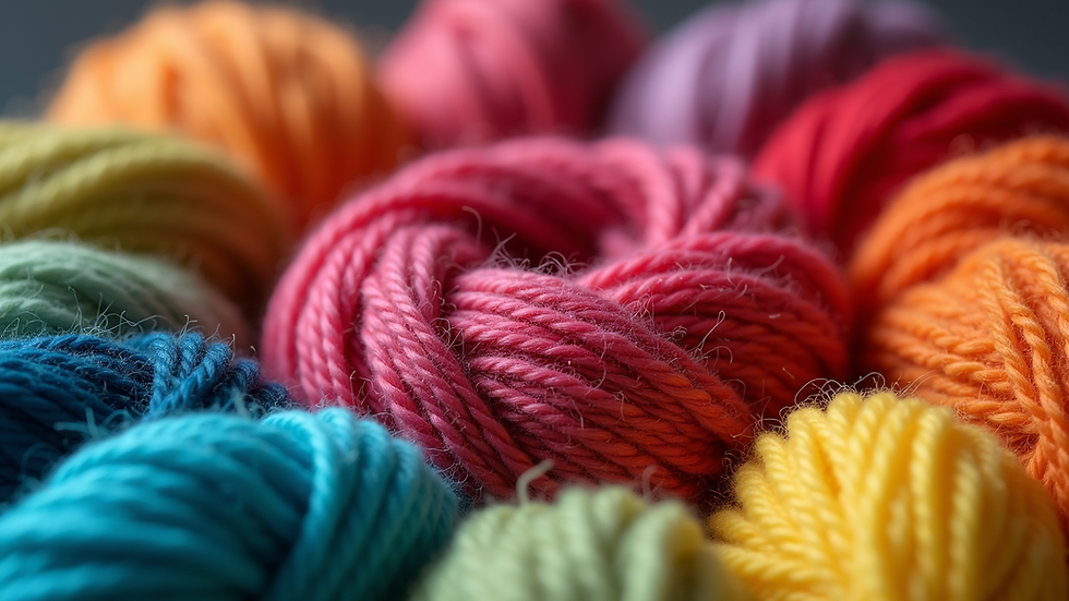 Close-up view of colorful yarn skeins arranged in a circle