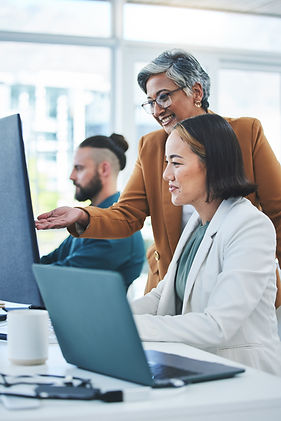 Business professionals collaborating during a coaching and mentoring session around a computer.