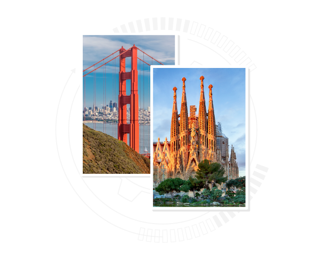 Two photos featuring San Francisco, California and Barcelona, Spain. The San Francisco photo features a clear sunny day overlooking the Golden Gate Bridge and the San Francisco city skyline. The Barcelona photo features a clear sunny day with a view of the Sagrada Familia. AI Health brings a tremendous amount of experience turning research into real products. Based in Silicon Valley and Barcelona, Spain, their multi-discipline AI team brings over 200 collective years of Artificial Intelligence experience in constructing the AI Health Platform.