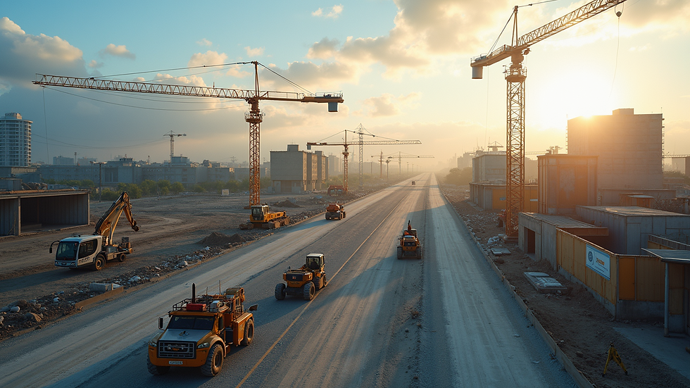Vista aérea de un proyecto técnico avanzado en construcción con equipos coordinados