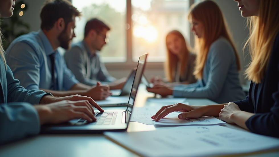 Vista aérea de un equipo colaborando en un proyecto con laptops y documentos