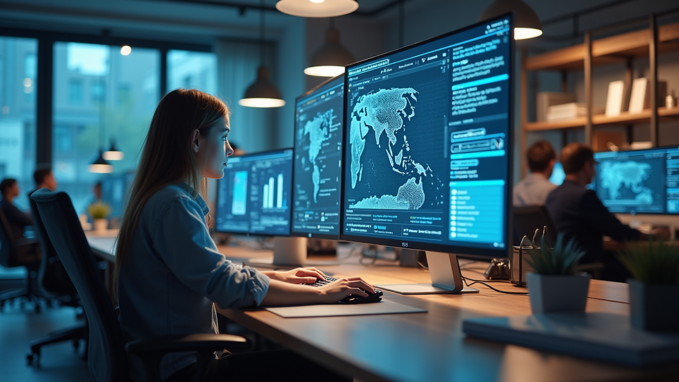 Eye-level view of a modern office workspace with multiple devices connected to cloud services