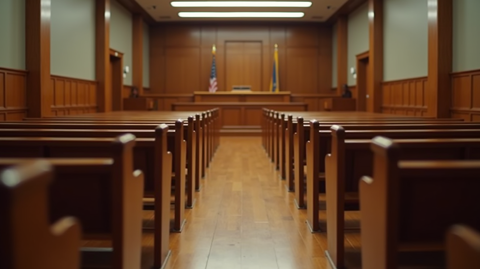 Eye-level view of a courtroom with empty benches