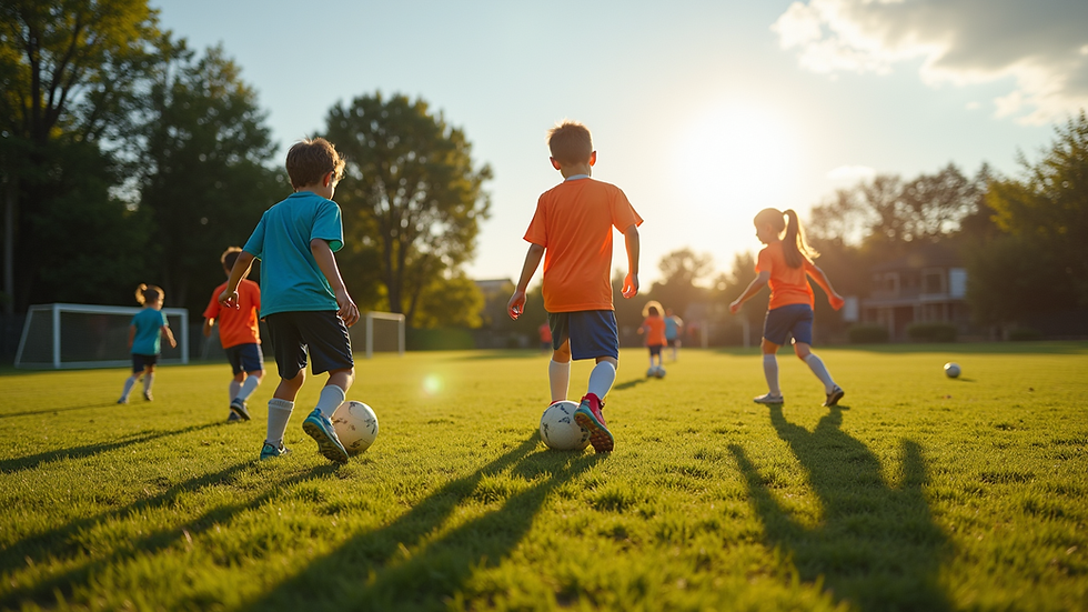 High angle view of children practicing soccer drills on a sunny field