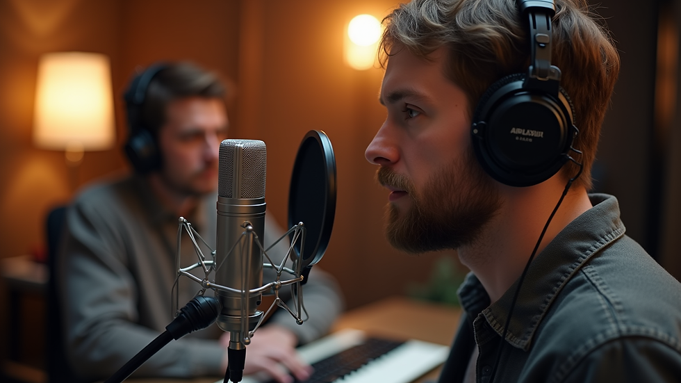 High angle view of a voice actor practicing dubbing with headphones and microphone