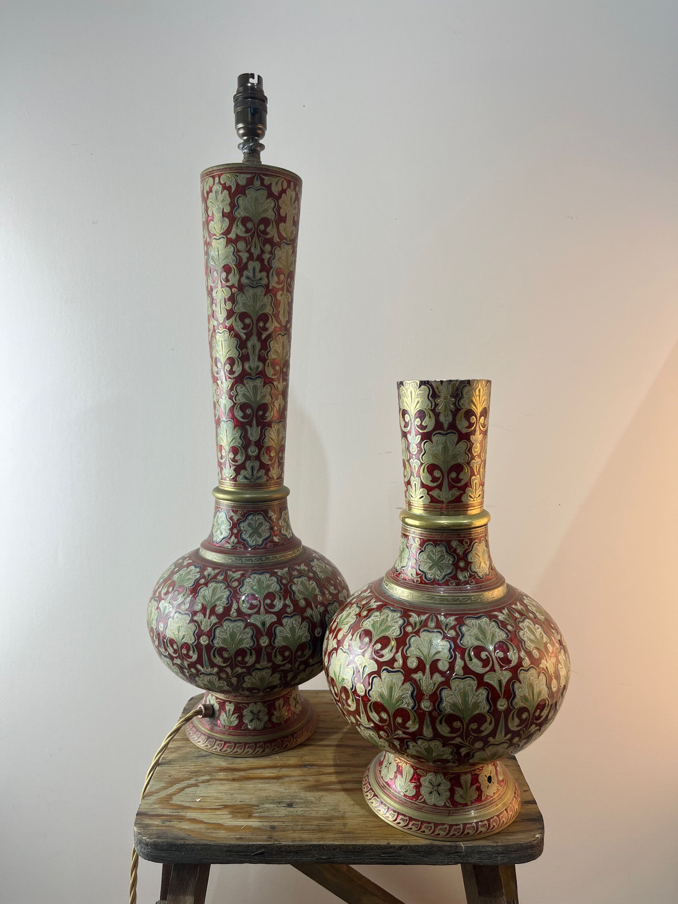 Indian Painted Brass Lamp & Matching Vase 