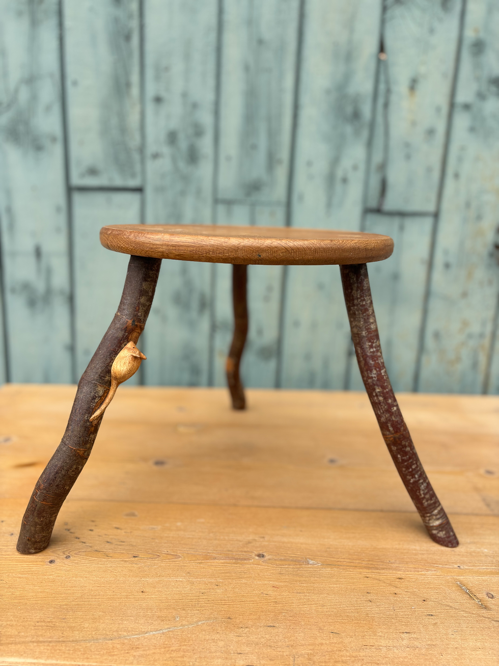 Thumbnail: Handmade Wooden Stool with Carved Mouse