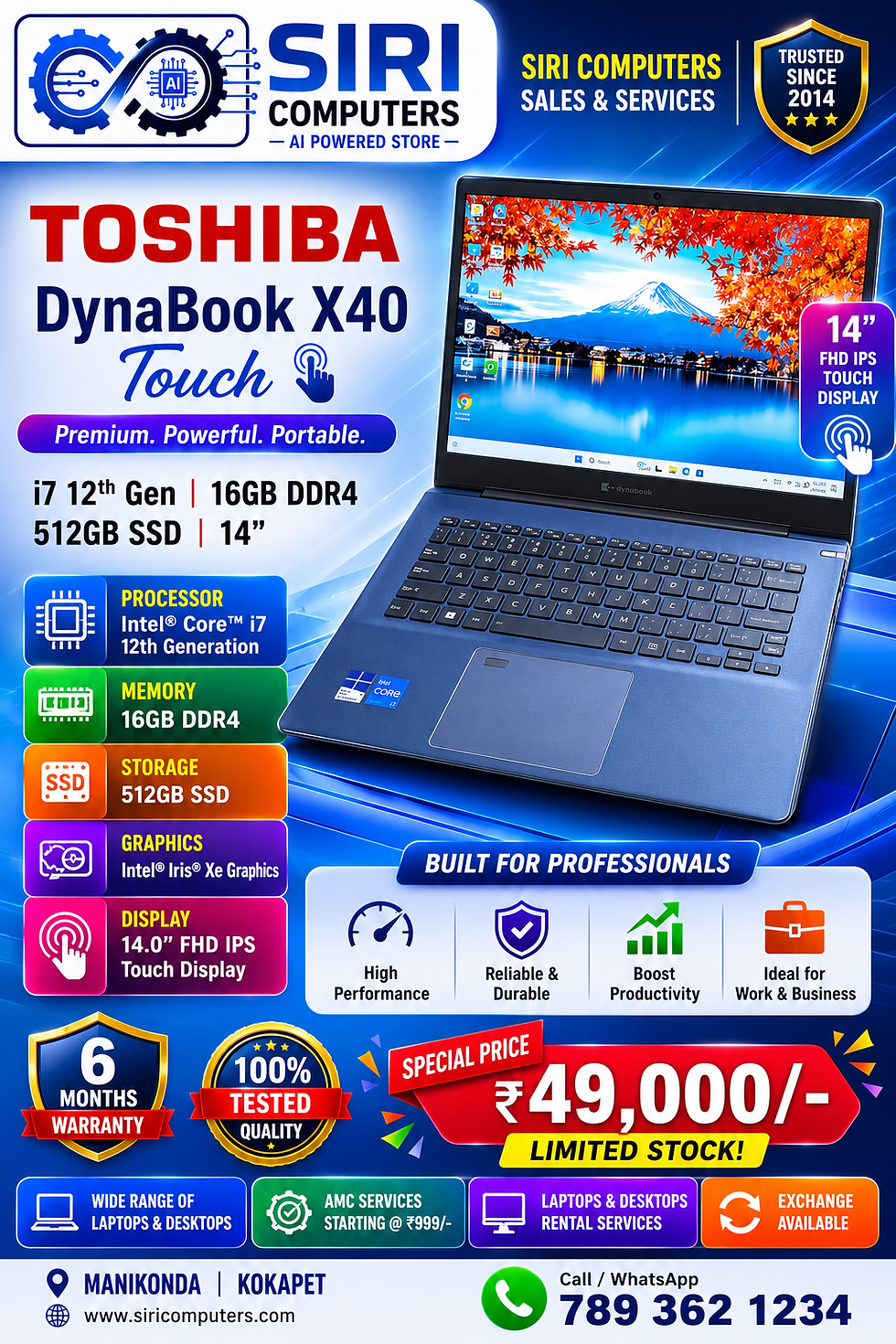 Thumbnail: Toshiba DynaBook X40 Touch Screen Laptop i7-12th 16GB RAM 512GB SSD