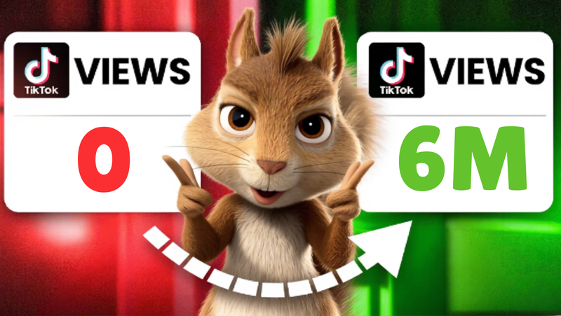 Brown 3D CGI squirrel centered between two TikTok view count graphics showing 0 views on the left and 6M views on the right, with a dashed arrow pointing from left to right.