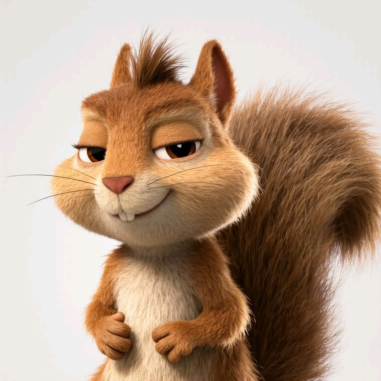 3D-animated brown squirrel character with a smug, half-lidded smirk and a big fluffy tail, posed against a clean white background.
