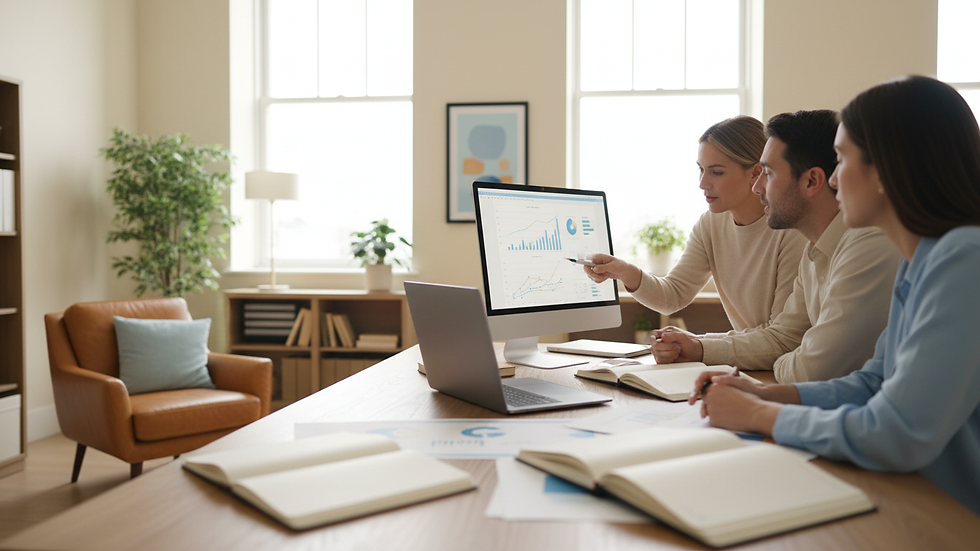 Vue rapprochée d’un bureau avec un ordinateur et des documents stratégiques