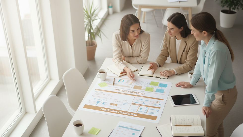 Vue en plongée d’un bureau avec un business plan imprimé et des notes manuscrites