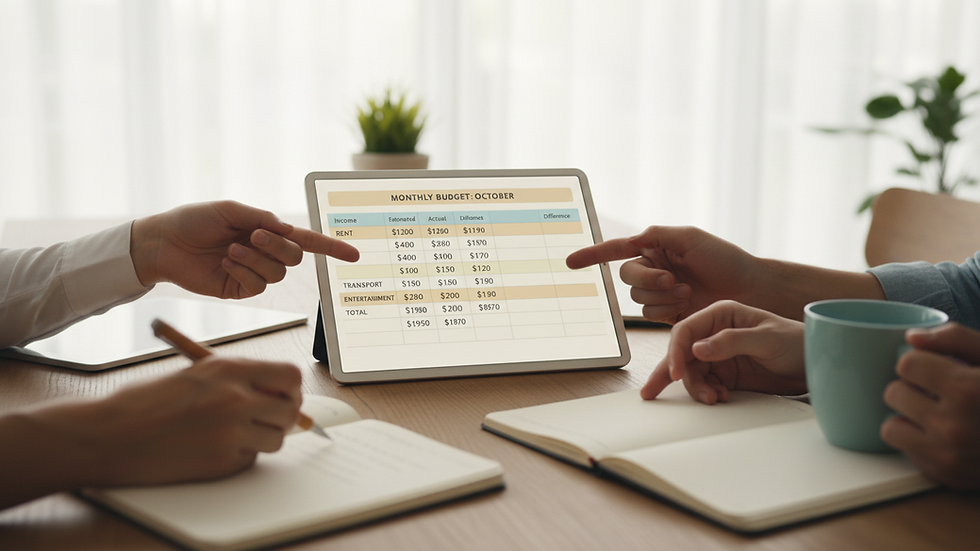 Close-up of a monthly budget spreadsheet on a desk