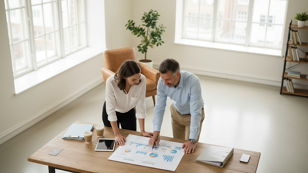 Vue en plongée d’un bureau avec un consultant et un entrepreneur discutant autour d’un business plan