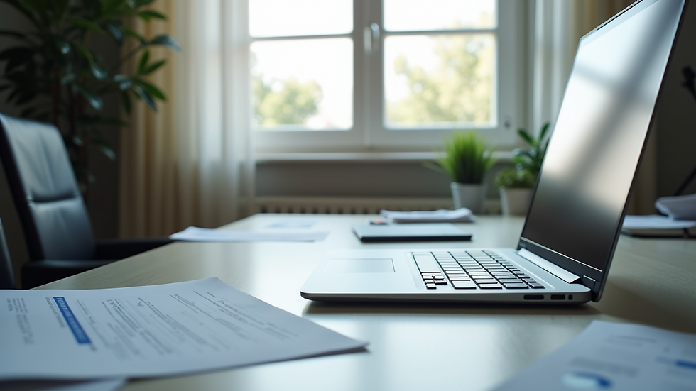 Vue rapprochée d’un bureau avec un ordinateur portable et des documents administratifs