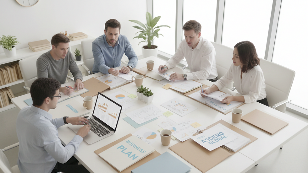 Vue en plongée d’un bureau avec ordinateur et documents de business plan