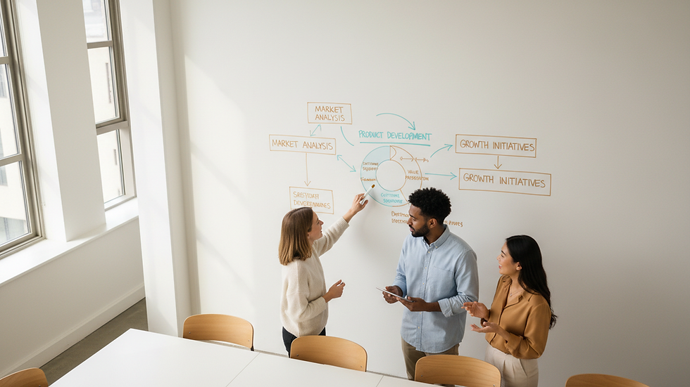 Vue en plongée d’un tableau blanc avec des schémas de stratégies d’entreprise