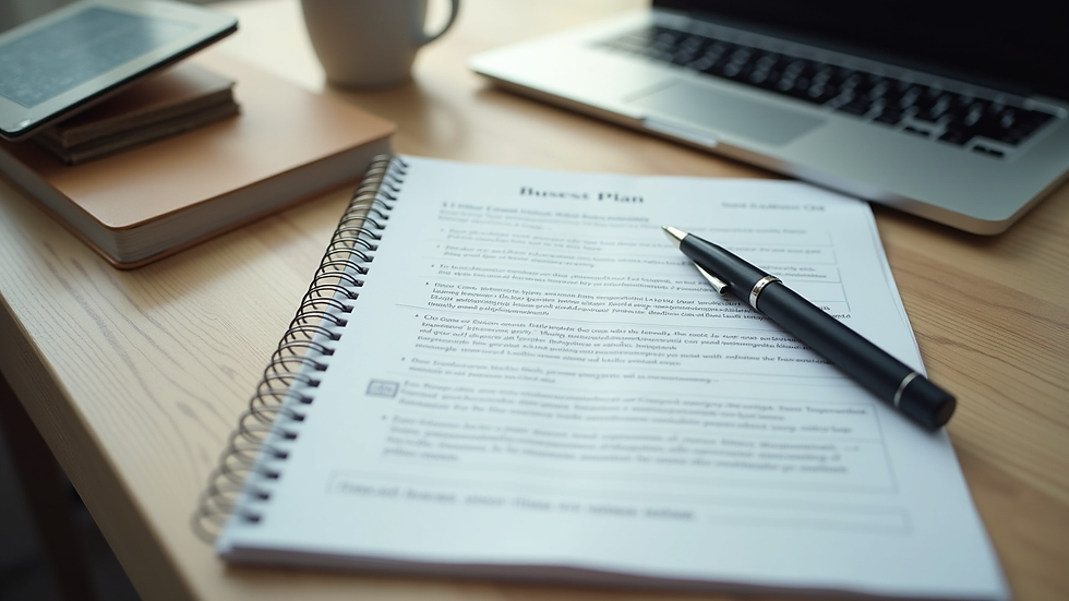 Vue en plongée d’un carnet de notes avec un business plan et un ordinateur portable