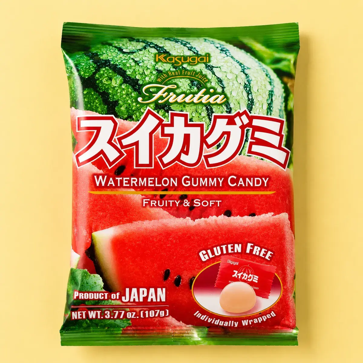 Sachet Kasugai Frutia Watermelon Gummy 107g, gummies japonaises au jus de pastèque sans gluten