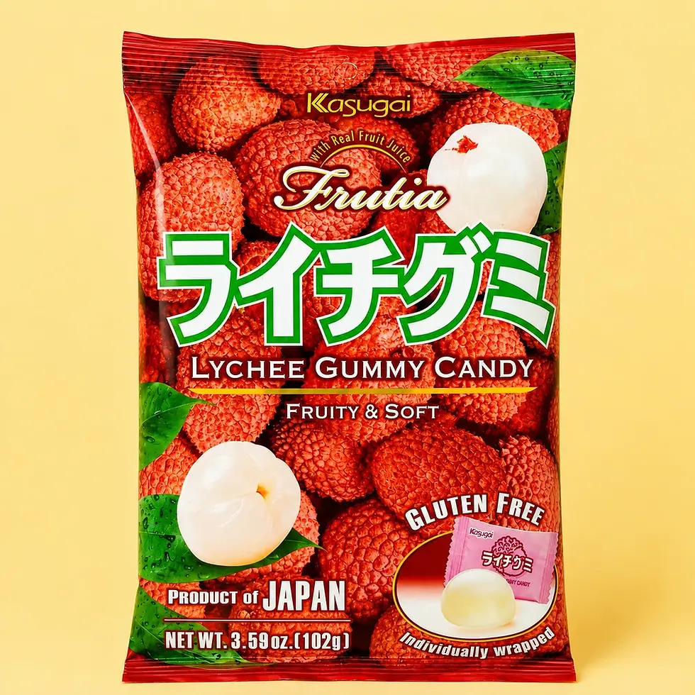 Sachet Kasugai Frutia Lychee Gummy 102g, gummies japonaises au jus de litchi sans gluten