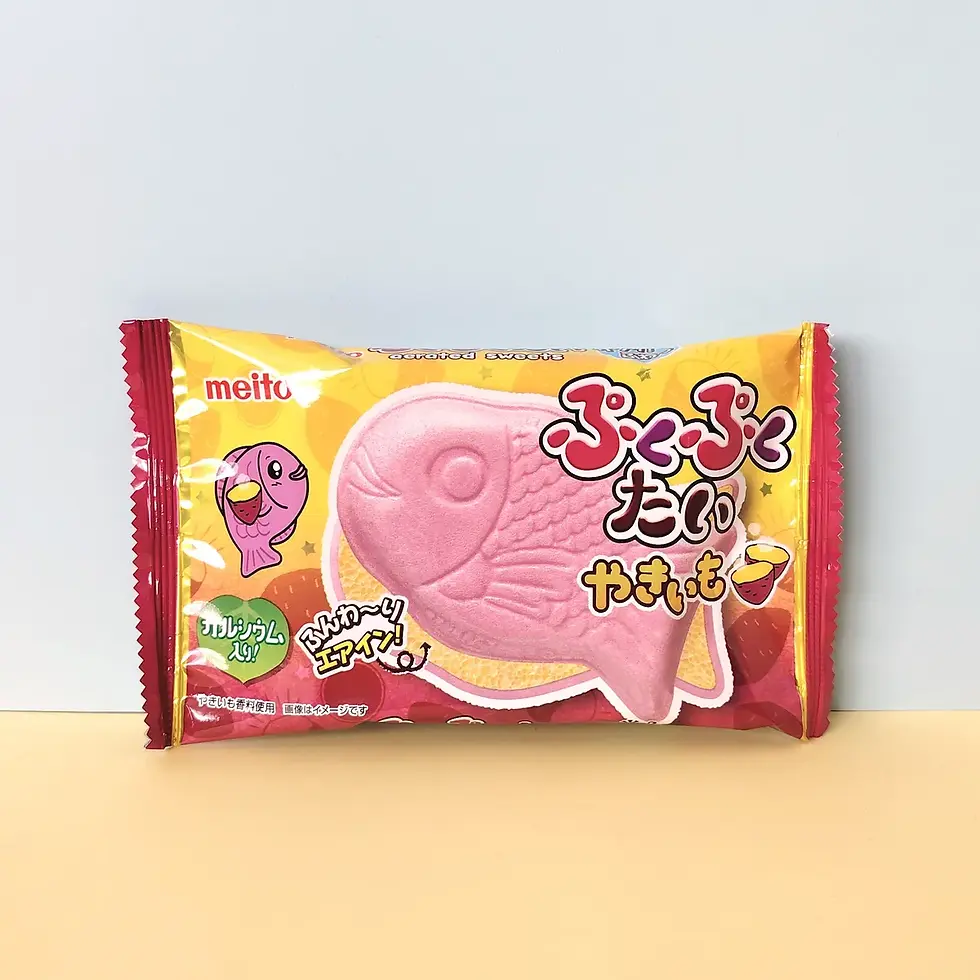 Paquet incliné Meito Gaufrette Taiyaki saveur patate douce, packaging rose