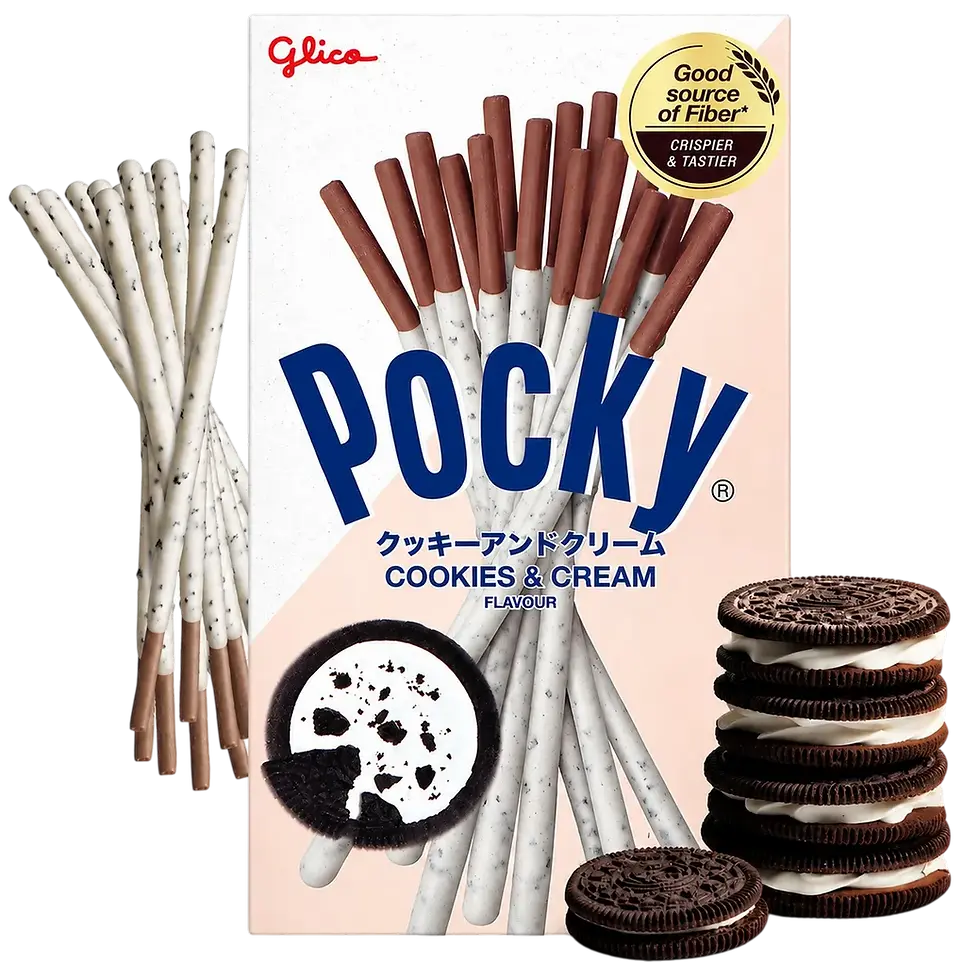 Boîte de Pocky Cookies & Cream Glico, bâtonnets biscuit enrobés crème vanille et éclats de cookies