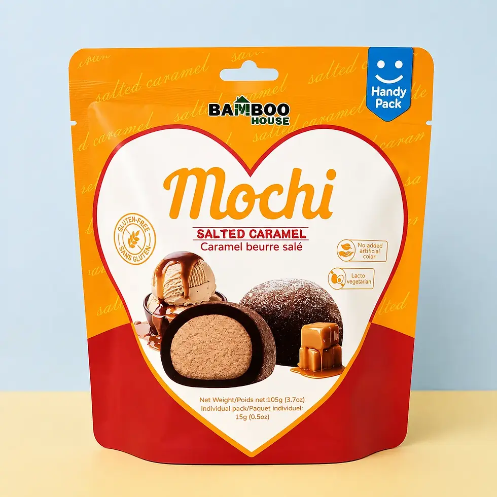 Bamboo House Mochi Caramel Salé 105g face, boulettes de riz gluant cacao caramel