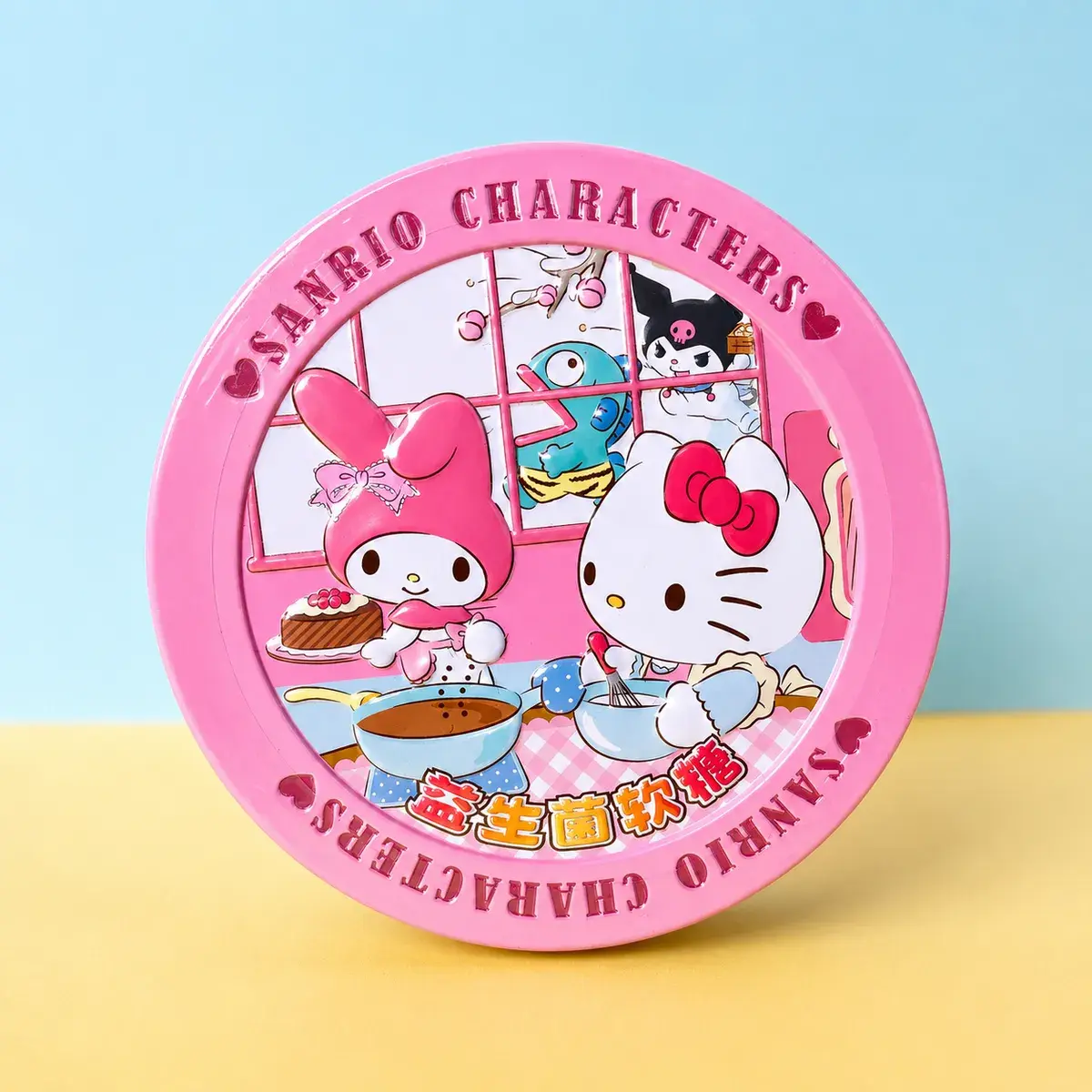 Boîte ronde rose Tala's bonbons gélifiés probiotiques Sanrio, Hello Kitty My Melody Kuromi, licence officielle