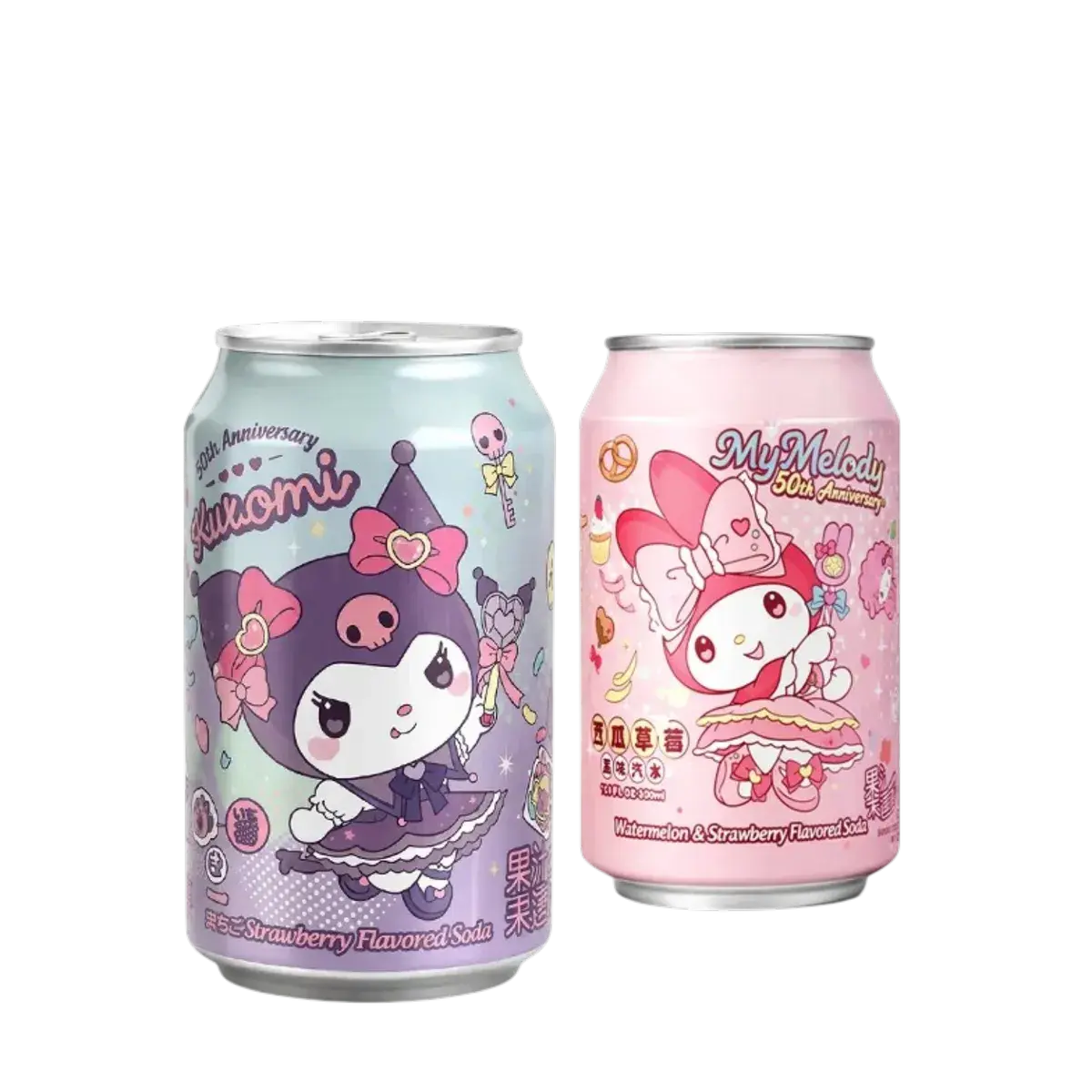 Les 2 canettes soda pastèque fraise 330ml, My Melody 50ème anniversaire rose et Kuromi 20ème anniversaire violet