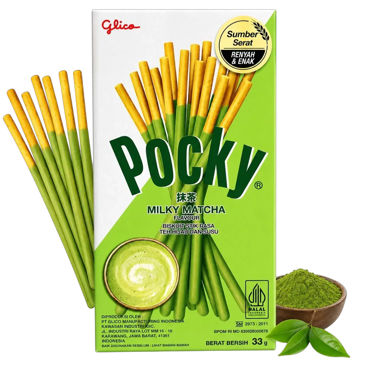 Boîte Pocky Milky Matcha Glico, bâtonnets biscuit enrobés crème matcha lactée verte 33g
