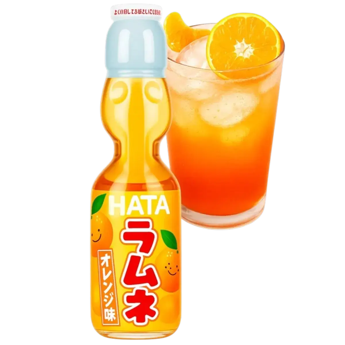 Ramune Hata orange avec verre de limonade glacée, visuel produit