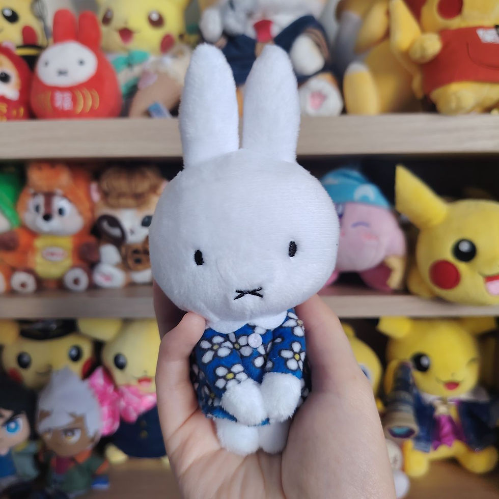 Main tenant peluche Miffy Choccori-san robe bleue fleurie devant étagère de collection