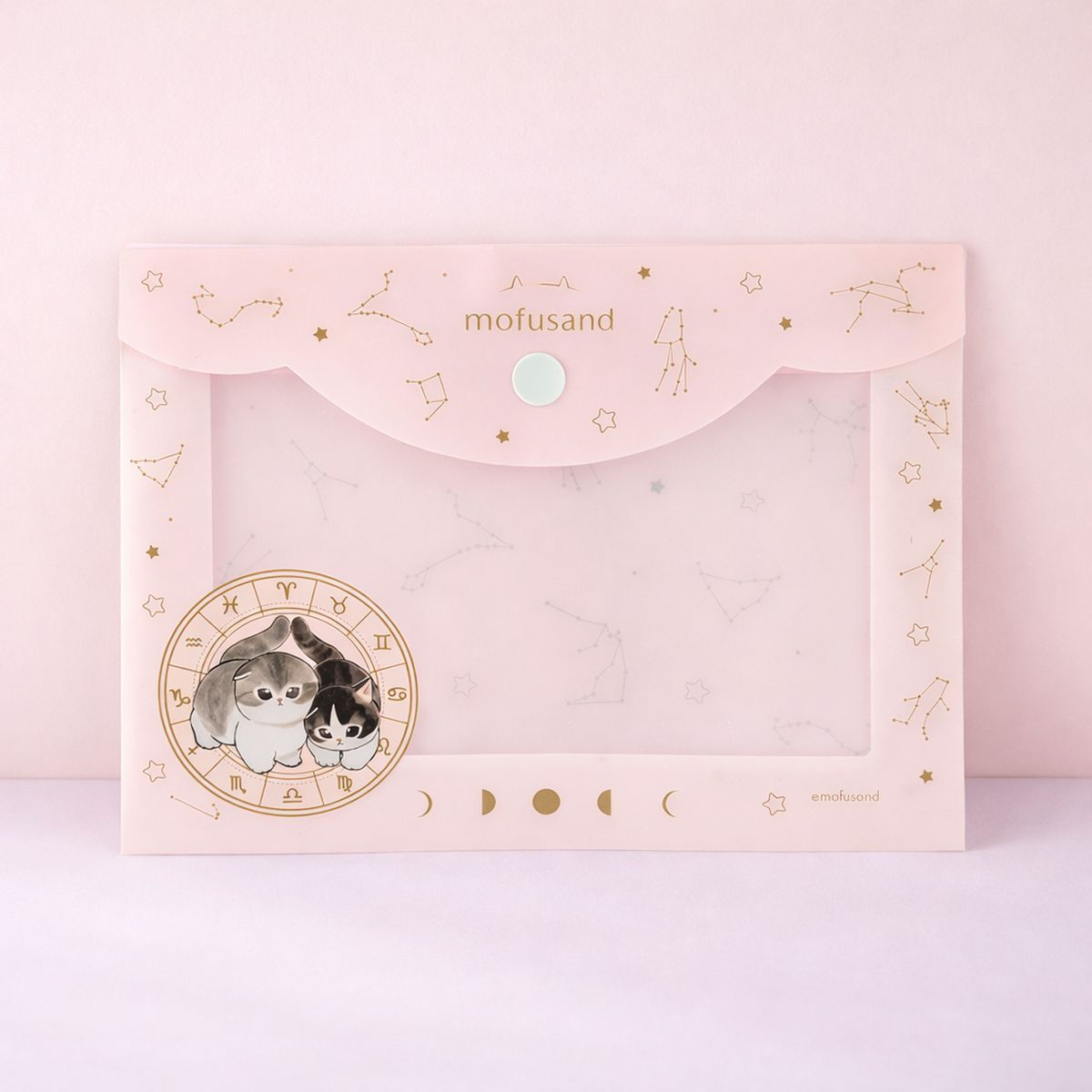 Pochette Mofusand rose avec chats et constellations, fenêtre transparente pour ranger stylos et accessoires