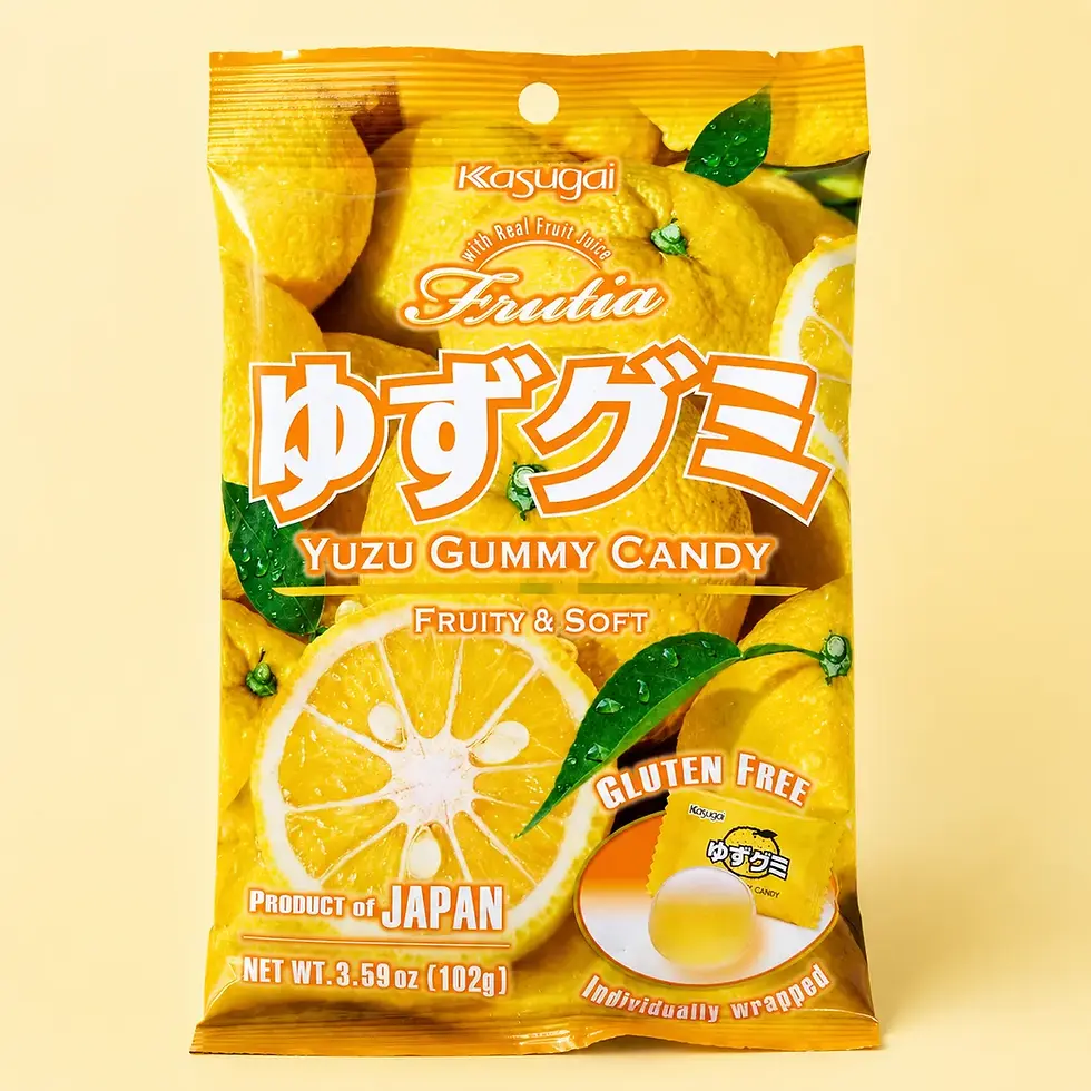 Sachet Kasugai Frutia Yuzu Gummy 102g, gummies japonaises au jus de yuzu sans gluten